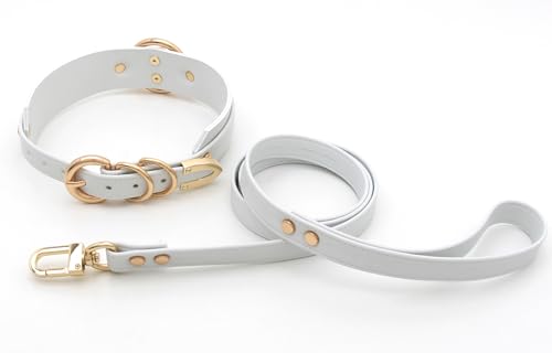 lalatia Damen Halsband O Ring Kunstleder Choker Halskette (Weiß Gold mit Leine)