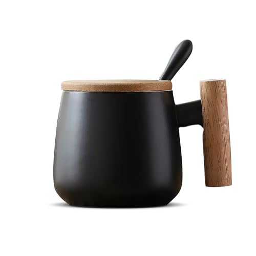 BALTHŌ - Taza negra ceramica desayuno Té y Café (350ml). Grande, tapa y asa de madera, estilo nórdico (Negro). (350ml). Con cuchara. Café Espresso,Latte, Macchiato. Taza de regalo (Negro)
