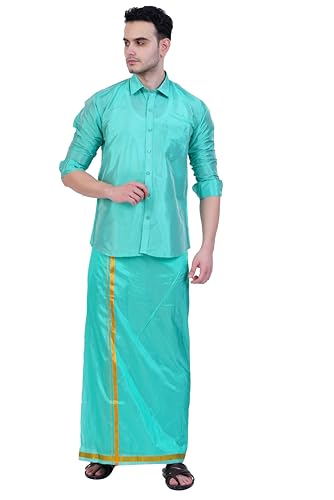 Image of PRAKASAM COTTON-Mens Art Silk Wedding Set /Art Silk 8 Mulam (8-Yard) Dhoti and Stitched Shirt for mens