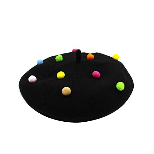 RARITYUS Fashion Cute Wool French Artist Beret Hat Warm Beanie Cap Headwear With Small Rainbow Pom Pom for Kids Girls