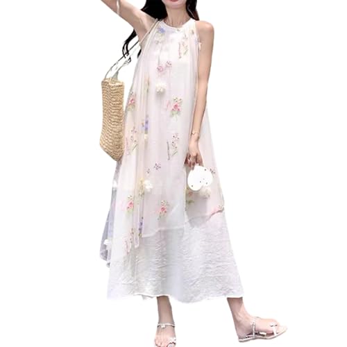 Französisches 3D- Blumenstickerei- Halstuch- Langkleid, Sommerreise- ärmelloses Strandkleid, Lockere A- Linie Silhouette