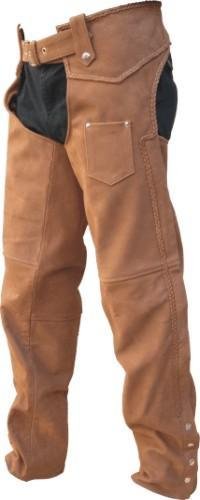 Unisex Brown Leather Motorcycle Chaps w/Braided Trim
