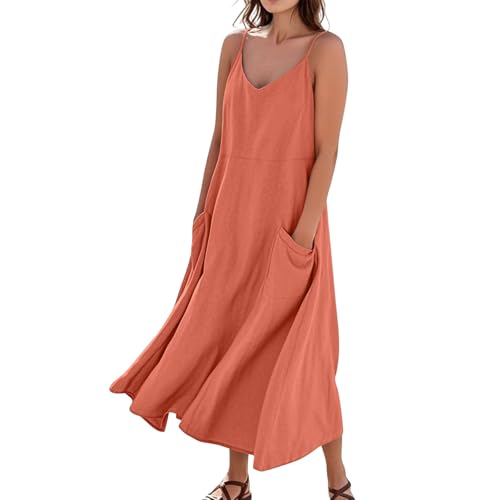 Vestido Largo Mujer Verano Maxi Playa Casual Ajuste Holgado Sin Mangas Vestidos Cuello V Tirantes Finos Dresses Largos Playeros Informal con Bolsillos Naranja XL