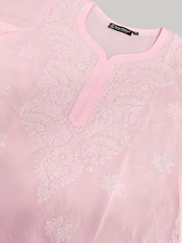 Image of Seva Chikan Hand Embroidered Lucknowi Chikankari Appricoat Peach Terivoil Cotton Kurta for Women SCL4603