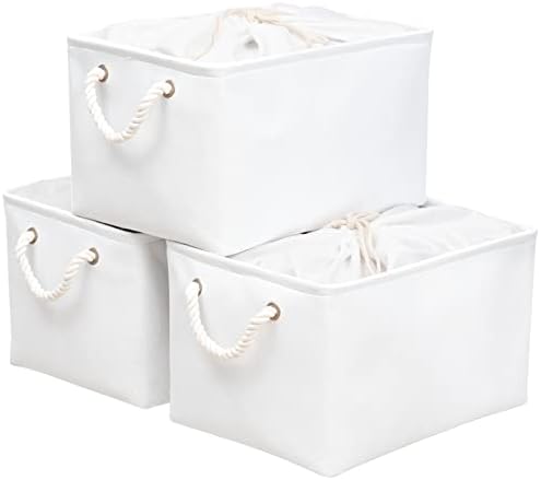 OUTBROS Large Storage Basket, 16.5 x 12.6 x 10.2 inch Foldable Storage Box with Handles and Drawstring for Towels, Books, Toys, Clothes (Grey/White, 3-Pack)
