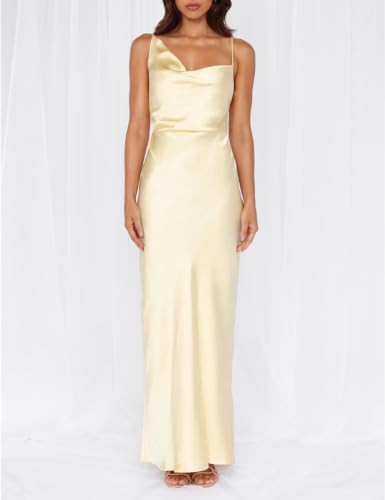 Image of Formal Satin Silk Spaghetti Strap Maxi Dresses for Women Wedding Guest