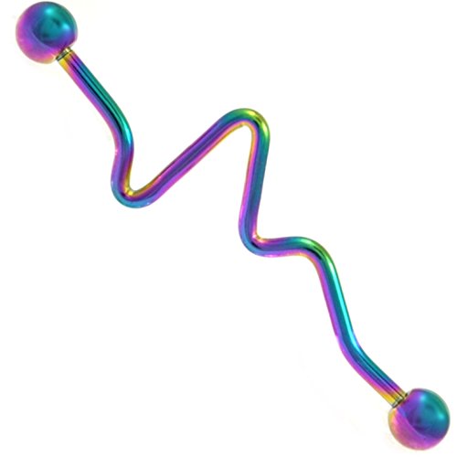 BYB Barbells Wavy Zig Zag IP Steel Industrial Barbell Piercing Jewelry - 14G(1.6mm) 1 & 1/2"(38mm) (Rainbow IP Steel)