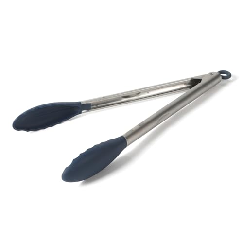 Image of Calphalon Kitchen Tongs, Stainless Steel Locking Tongs with Heat-Resistant Silicone Heads, Nonstick-Safe Cooking Tongs for Grilling, Serving & Food Prep, Navy Blue