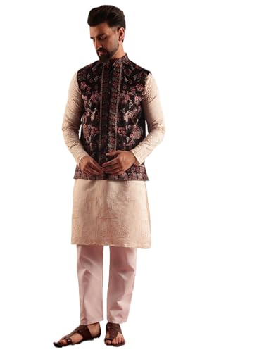 Image of SOJANYA Men's Cotton Silk Cream Kurta & White Pyjama With Velvet Paisley Design Nehru Jacket