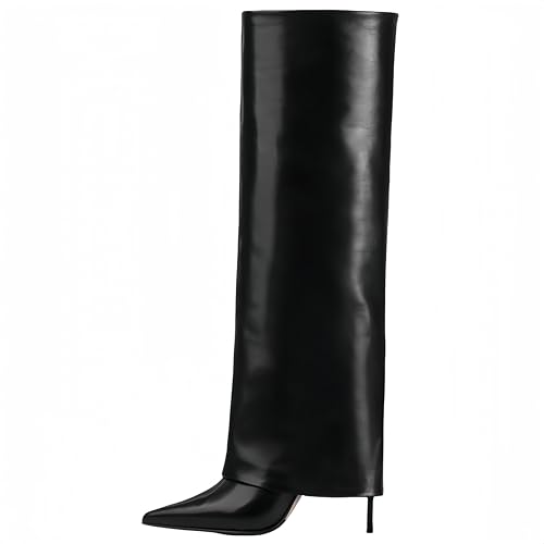 Fold Over Boots For Women - Long Knee High Stiletto Heel Pointed Toe Dress Pull On Tall Boots