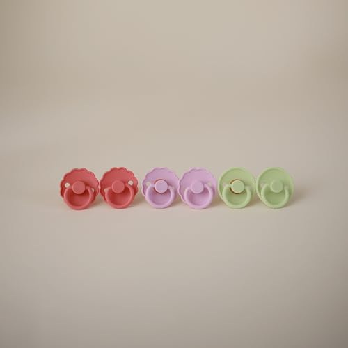 Image of FRIGG Daisy Natural Rubber Baby Pacifier | Made in Denmark | BPA-Free (Pink Cream /Poppy, Size 2) 2-Pack