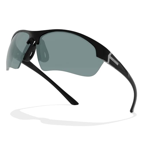 B.N.U.S Gafas de sol deportivas con lentes verdes, marco negro, diseño rectangular, Polarizado negro y plateado