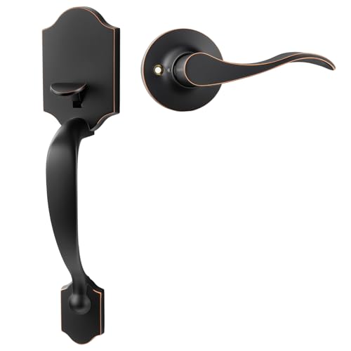 Image of Goldenwarm Bronze Front Door Handle, Entry Door Handles, Single Cylinder Front Door Handle Only, Oil-Rubbed Bronze Door Handle Exterior