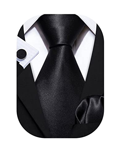 Barry.Wang Black Tie Sets for Men Silk Solid Necktie Stain Ties Handkerchief Pocket Square Cufflinks Wedding Business Dyed