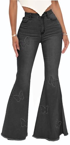 Women's Chic Butterfly Embroidered Flare Jeans High-Rise Bell Bottom Long Denim Pants