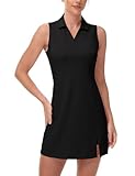 BGOWATU Women's Tennis Dress Sleeveless Collared V Neck Golf Polo Dress Side Slit Sports Dress with Shorts and Pocket Black L