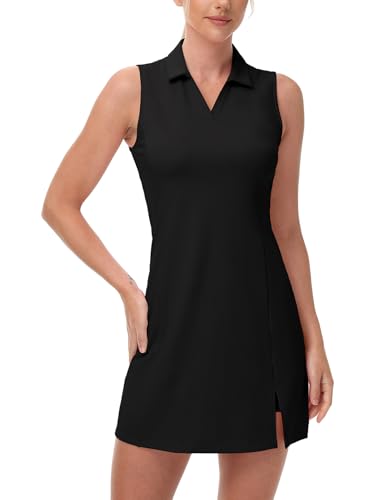 BGOWATU Women's Tennis Dress Sleeveless Collared V Neck Golf Polo Dress Side Slit Sports Dress with Shorts and Pocket Black L