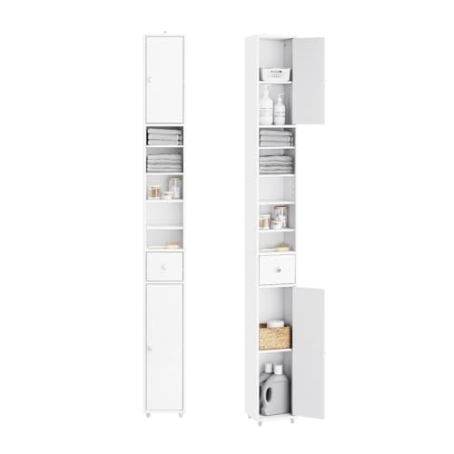 SoBuy Mueble Columna de Baño Estrecho – Armario Auxiliar de Baño en MDF Resistente al Agua con Estantes Ajustables y Cajón, Blanco, 20x180x20cm, BZR34-W