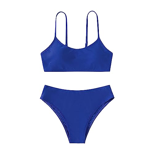 Girl's 2 Piece High Waisted Spaghetti Strap Cute Swimsuit Bathing Suit Solid Bikini Sets Swimwear for (Blue, 14 Years)2