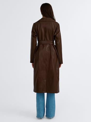 Trendy Queen Womens Long Leather Jackets Trench Coat Blazer Lapel Faux Open Front with Belt4