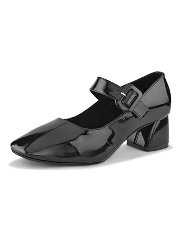Image of XE Looks Women's Mary Jane Block Heel Pumps with Buckle Strap | Closed Toe Glossy Finish | Soft Cushioned Insole for Comfort | Stylish Heeled Shoes for Girls & Women