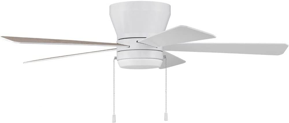 Craftmade MER52W5 Merit 52" Flush Mount Ceiling Fan with LED Lights & Pull Chain, 5 Reversible White/Washed Oak Plywood Blades, White