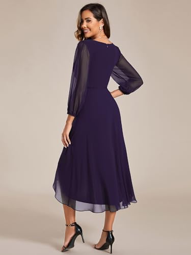 Image of Ever-Pretty Women's Chiffon V Neck Long Sleeves A-Line Midi Length Wedding Guest Dress Cocktail Party Formal Dresses 01926