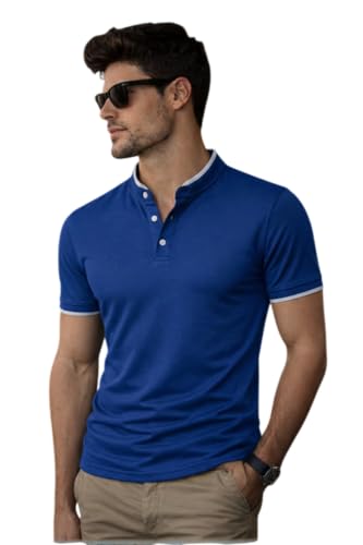 Image of Dagcros Men Polo T-Shirt, with White Trim, Short Sleeve, Button Collar Tshirt for Mens