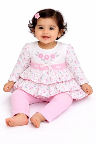 Image of NammaBaby Premium Baby Girls Full Sleeves Frock with Pant Baby Girl's Cotton Frock with Leggings, Frill Frock - Pack of 1