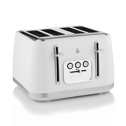 Swan Serenity ST19024WHT 4 Slice Toaster with Matt Finish 6 Browning Levels Temperature Control Reheat and Defrost Functions 2100W White