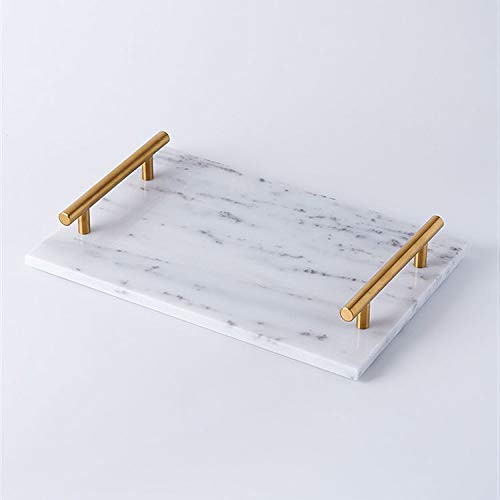 Aoccqkf大理石収納トレイ 大理石フルーツトレイ 金属ハンドルジュエリー収納トレイ パントレイ デザートラック 食品トレイ 金属ハンドル付き大理石トレイ ディナープレートトレイ (ホワイト)
