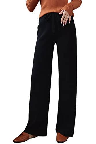 Liny Xin 100% Merino Wool Women's Ribbed Pants High Waist Casual Long Yoga Knitted Trousers(Black,M) #TOP5