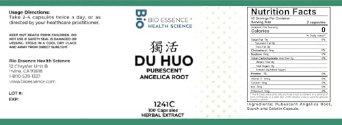 Bio Essence Health Science 1241C Du Huo, Pubescent Angelica Root (Raw), 100 Capsules/Bottle (2 Bottles)
