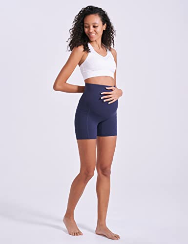 Enerful Women's Maternity Yoga Shorts Over The Belly Comfy Workout Running Active Biker Pregnancy Pants With Pockets 5" Navy Blue Medium #TOP1