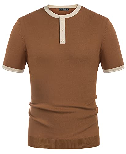 PJ PAUL JONES Men's Slim Fit Henley Shirts Short Sleeve Contrast Henley Neck T-Shirt Brown XXL