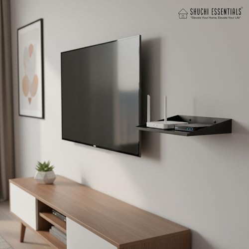 Image of Heavy-Duty Wall-Mount Metal Shelf 12x10 - Floating Shelf for Projector, Router, TV Setup Box | Matte Black Organizer for Kitchen, Bathroom & Home Decor