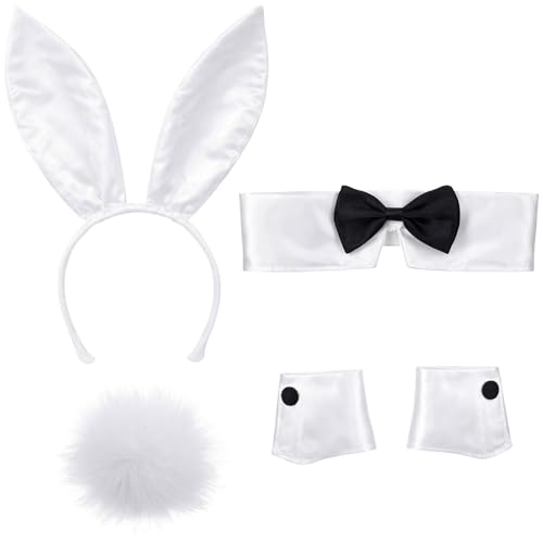 SSKHE Conjunto de fantasia de coelho para mulher, diadema com orelhas de coelho, gravata, punhos, cauda de coelho para adultos, mulheres e homens, para festas à fantasia, cosplay, fantasia de coelho