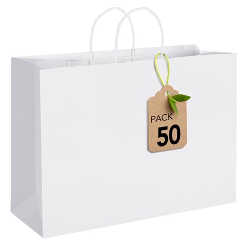MESHA 16x6x12 White Kraft Paper Bags With Handles 50 Pack Large Gift Bags Bulk Bulk Reusable for Business Retail Birthday Wedding Party Favor Merchandise Grocery Shopping Bag