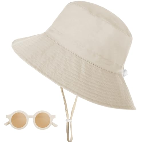Sonnenhut Kinder UV-Schutz UPF 50+, Breiter Krempe Nackenschutz Fischerhut mit Sonnenbrille, Atmungsaktiv Bucket Hat mit Verstellbarem Kinnriemen, Strandhut für Junge, Mädchen - Beige, 2-6 Jahre