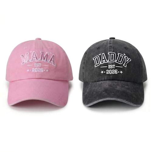 Utensilsto 2 Stück Baseballmützen für Mutter und Vater,Daddy and Mama EST 2026 Mütze,Verstellbar Baseballkappen mit Bestickt,Geschenk für Frischgebackene Eltern