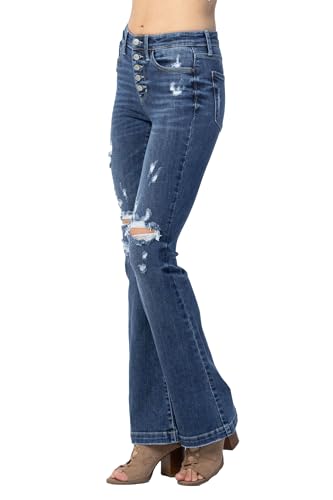 Judy Blue Women's Mid-Rise Button Fly Trouser Flare Jeans with Destroyed Details2