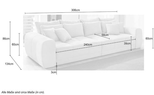 Big Sofa XXL B306/T134/H86 cm, bequeme Lounge Couch mit hochwertiger Federkernpolsterung, viele Kissen, Liegefläche 120 cm x 240 cm, angenehmer Mikrofaserstoff-Bezug in Grau / 15114