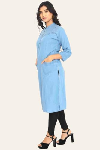 Image of Denim Kurta for Women Stylish | Women Kurtas | with 3 /4 Sleeves | Mandarin Neck | A-line Kurta