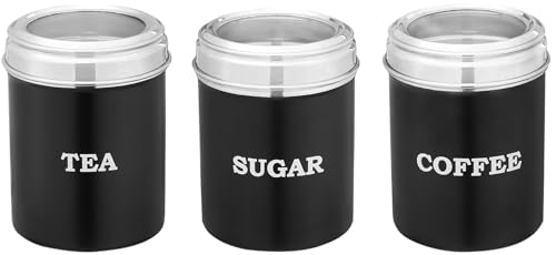 Amazon Brand - Solimo Stainless Steel See-Through Canister SET For Tea-Coffee-Sugar | BIS-Approved | 600ml I Matte Black I Set of 3