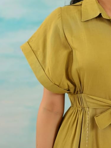Image of Amazon Brand - INKAST Women Wide Shirt Collared Solid A -line Bottun Down Maxi Dress with Tie Belt | Flared Short Sleeve Summer Outfits | 100% Cotton | Casual Wear | One Piece