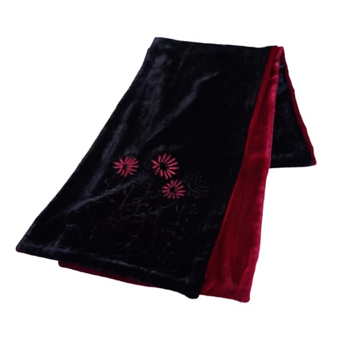 Double - Layer Silk Base Velvet Oblong Scarf, Embroidery, Black and Red2