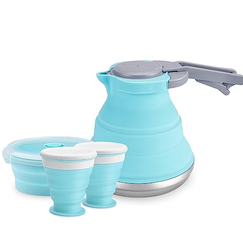 Portable Collapsible Camping Kettle, 1.5L/ 52OZ Foldable Silicon Coffee Pot for Outdoor Camping, Hiking, Traveling, with 1 Collapsible Bowl and 2 Collapsible Cups, Excellent Gift