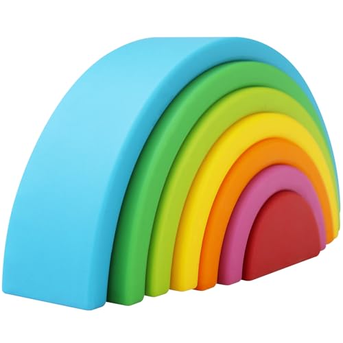 ROHSCE Silicone Stacking Toys for Babies, 7PCS Rainbow Stacker | 7PCS Soft Building Rainbow Set, Colorful Sensory Toys, Stack, Sort & Build, Color Recognition, Fine Motor Skills, Baby Gift
