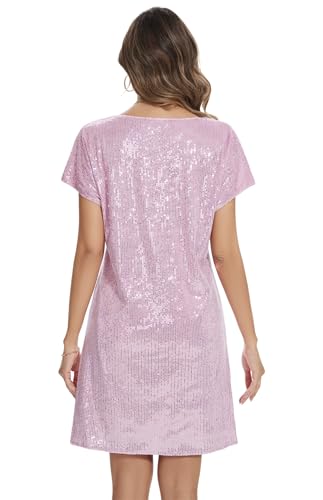 Image of Women's Crewneck Sequin Shift Dress Short Sleeve Casual Holiday Sparkly Party Dress