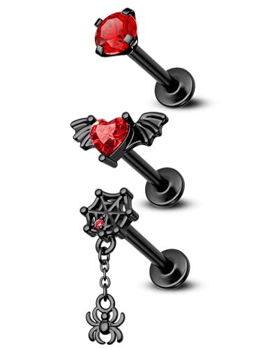 COCHARM 3Pcs Black Red Halloween Cartilage Stud Earrings Flat Back 16g Dangling Spider Web Helix Cartilage Piercing Jewelry Internally Threaded 16g 8mm Stainless Steel Ear Stud